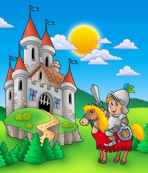 Knight on horse with castle - color illustration.