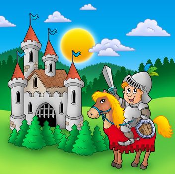 Knight on horse with old castle - color illustration.