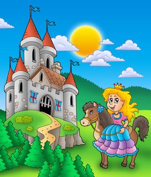 Princess on horse with castle - color illustration.