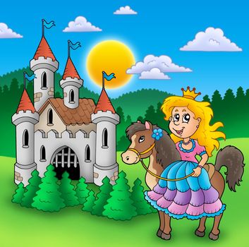 Princess on horse with old castle - color illustration.