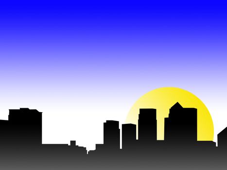 A silhouette of a London skyline with a sun background. 