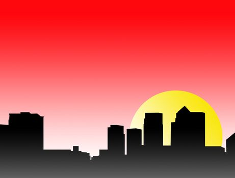 A silhouette of a London skyline with a sun background. 