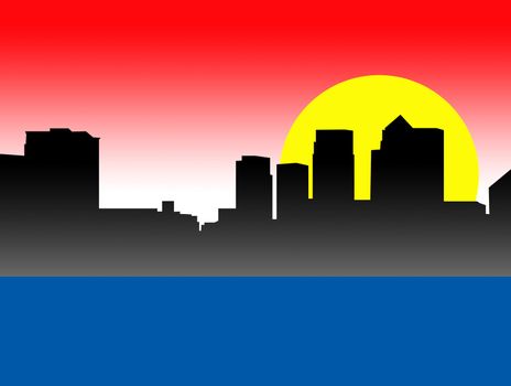 A silhouette of a London skyline with a sun background. 