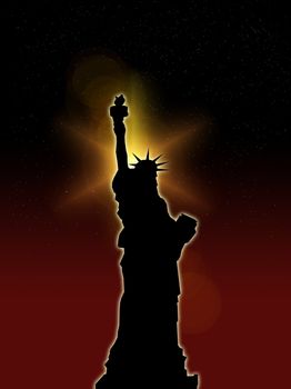 An illustration of the Statue of Liberty with a night background.
