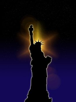 An illustration of the Statue of Liberty with a night background.
