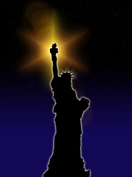 An illustration of the Statue of Liberty with a night background.
