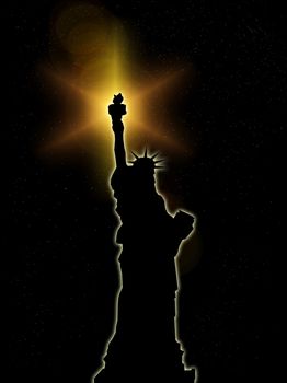 An illustration of the Statue of Liberty with a night background.
