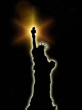 An illustration of the Statue of Liberty with a night background.
