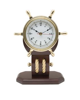 Brass Clock with a nautical theme isolated on a white background