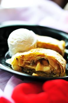   Apple hot strudel with vanilla ice cream
