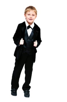 cute elegant little  boy over the white