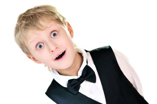 surprised elegant boy over the white