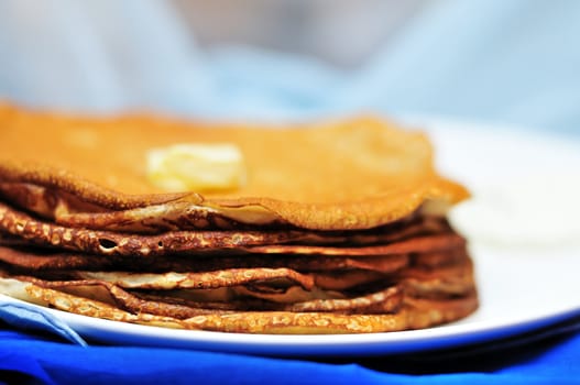 pile of tasty pancakes in soft focus
