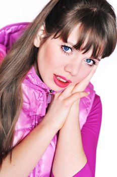 sport girl wearing lilac jacket over the white
