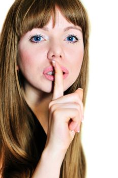 young beautiful longhaired girl asking keeping the silence
