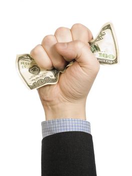 A man�s fist wrapping a one hundred dollar bill with his hand.