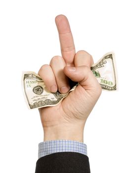 A man's hand hold a hundred dollar bill and show his middle finger at the same time.