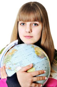teen sweet girl hugging globe of the world