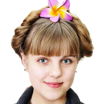teen sweet girl with funny hairstyle over the white