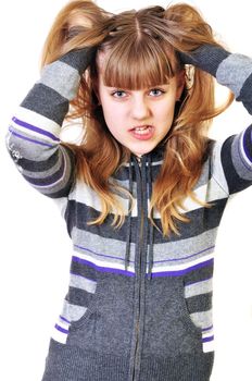 angry funny teen girl disarranging her  hair