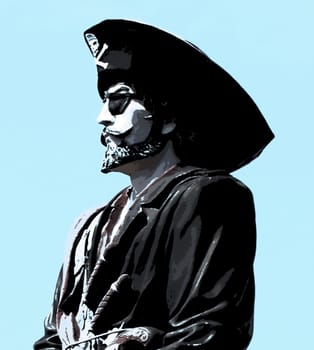 Illustration of a pirate over a blue background