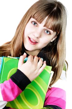 teen funny smiling girl with books over the white