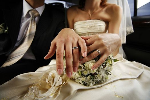 Hand of the groom and the bride with wedding rings