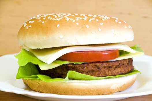 cheeseburger with beef, lettuce, cheese, onion and tomato