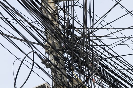 many internet cables on lamp post in bucharest romania