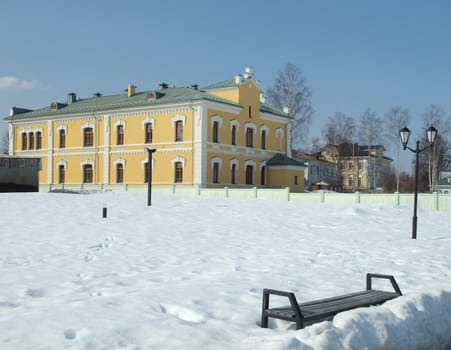 Lantern and bench on quay of Petrozavodsk     