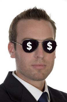 young american businessman with dollar signs on his sunglasses
 with white background