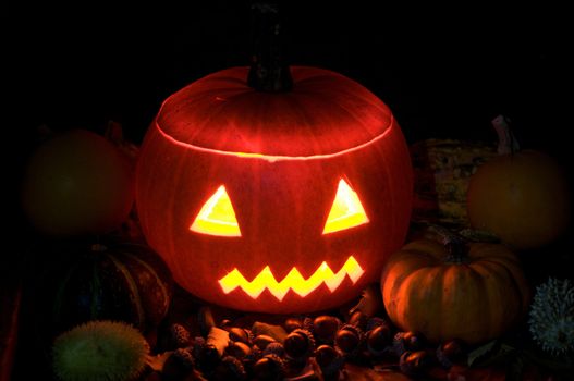 Halloween pumpkins by night illuminated by candlelight