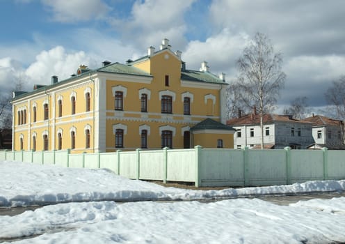 Yellow building on quay of Petrozavodsk, Russia     