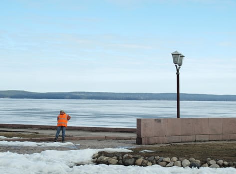 The yard keeper on quay of Onega. Petrozavodsk, Karelia, Russia    