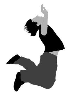 person jumping with arms up on white background