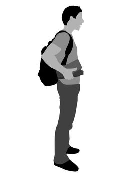 man posing with bag and books on isolated background