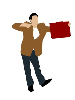 young man indicating towards office bag on isolated background