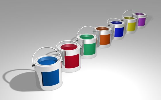 Illustration of different coloured cans of paint
