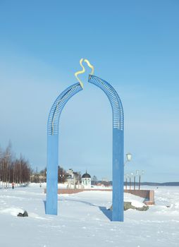 Sculpture on quay of Onega in Petrozavodsk, Russia      