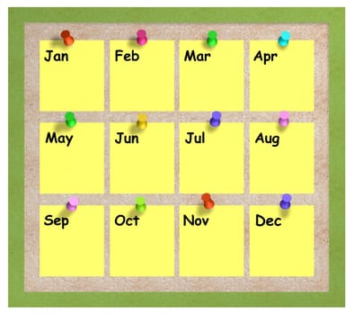  Illustration of a cork notice board with paper attached displaying the months of the year
