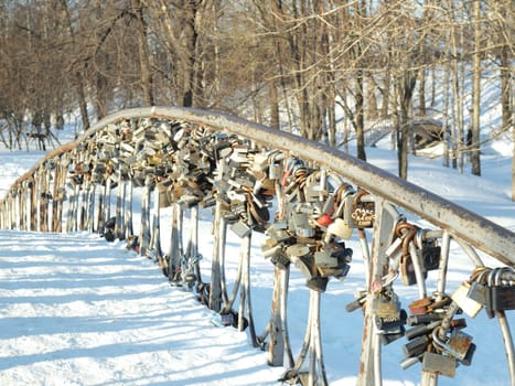 Locks on a handrail of the bridge in park. Wedding tradition. Petrozavodsk, Russia.      