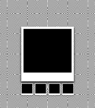 Illustrated big photo and smaller photos over a black ad white swirly background