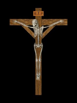 This image shows a crucify skeleton on a wooden cross
