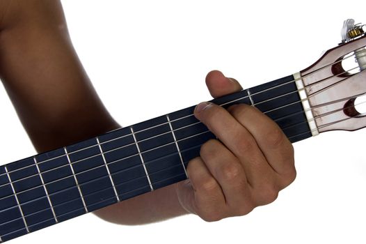 hand of male playing guitar on an isolated background