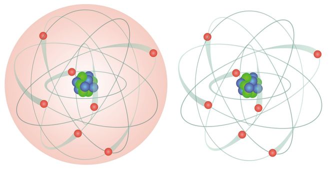 Model of an atom with electrons, neutrons and protons, illustration