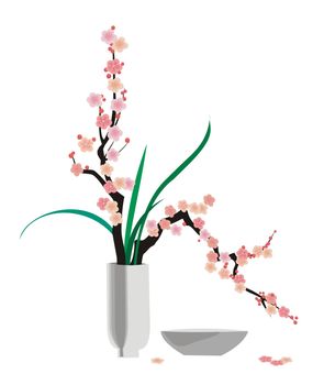 Ikebana-style arranged flowering cherry twigs, illustration