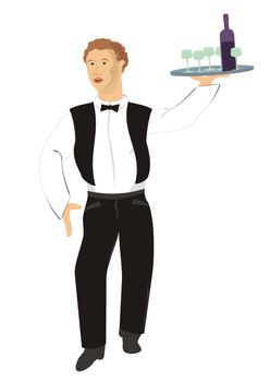 professional restaurant waiter serving vine, illustration