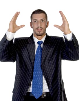 man with raised hands with white background