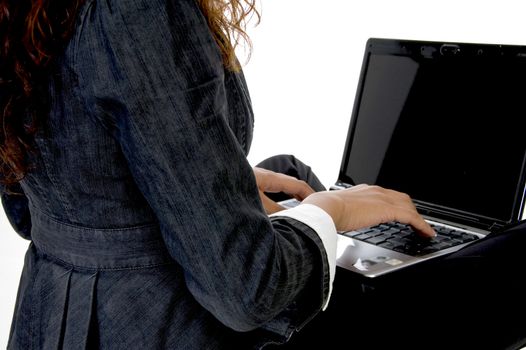 female with laptop on white background