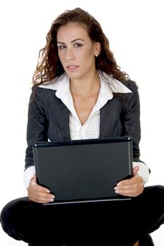 female holding laptop  on an isolated background